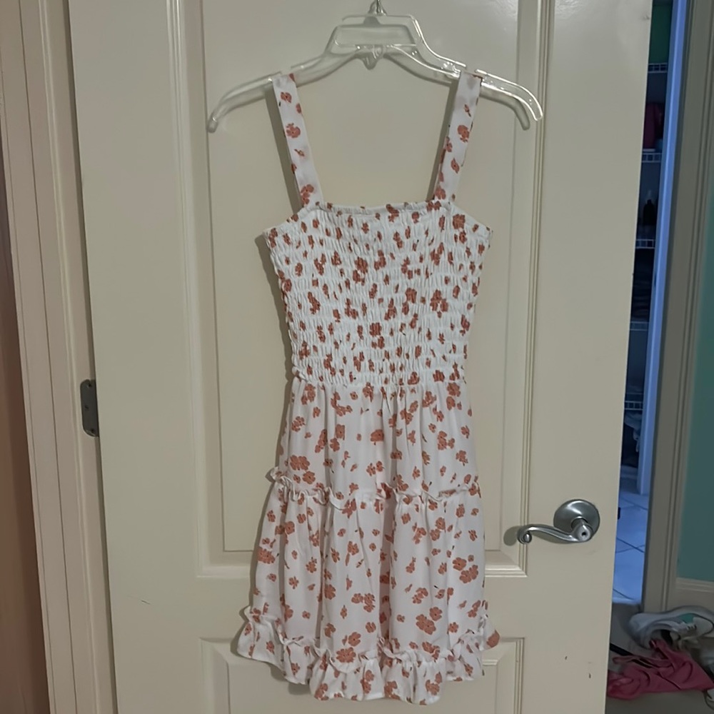 Coral-Pink Floral Mini Dress.